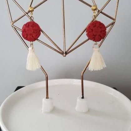 Aretez Luna Red Cinnabar Carved Tassel Earrings |..