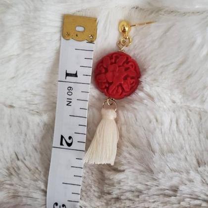 Aretez Luna Red Cinnabar Carved Tassel Earrings |..