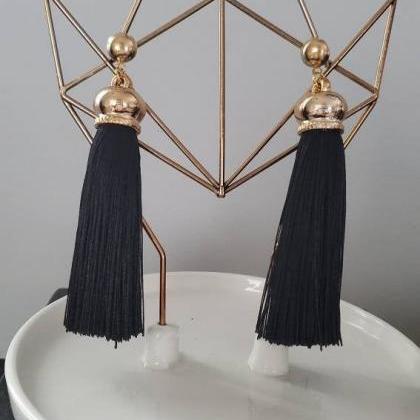 Aretez Luna Golden Cap Black Tassel Earrings |..