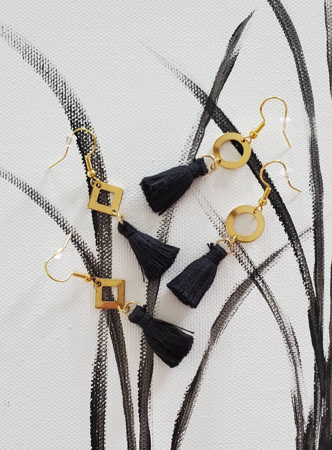 Aretez (round Or Diamond) Hollow Charm Black Drop Hook Earrings | Black Small Tassel Dangle Earrings | Simple Fringe Tassel Earrings