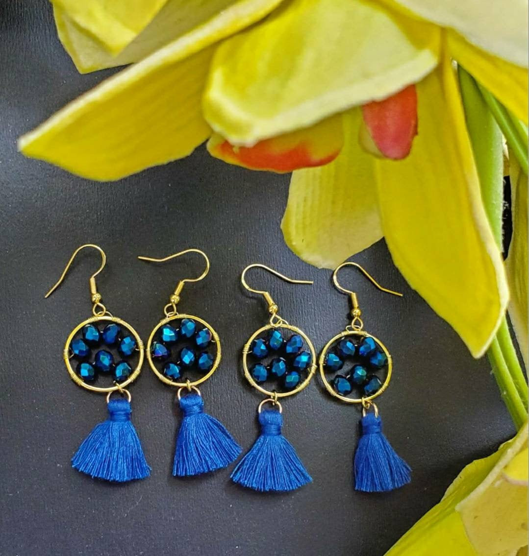 Aretez Blue Lagoon Dangle Tassel Earrings | Blue Small Tassel Earrings | Handmade Fringe Tassel Earrings