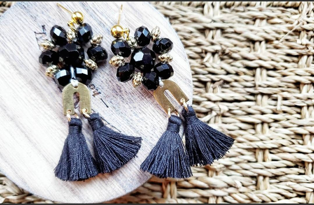 Aretez Black Glass Bead Chandelier Earrings | Black Dangle Tassel Earrings | Handmade Long Tassel Earrings
