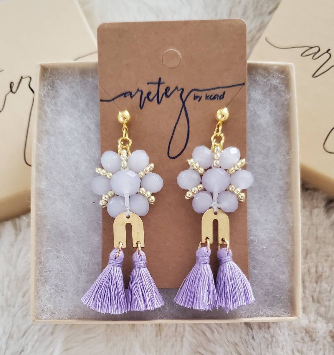 Aretez Purple Glass Bead Chandelier Earrings | Lilac Long Dangle Tassel Earrings | Handmade Fringe Tassel Earrings
