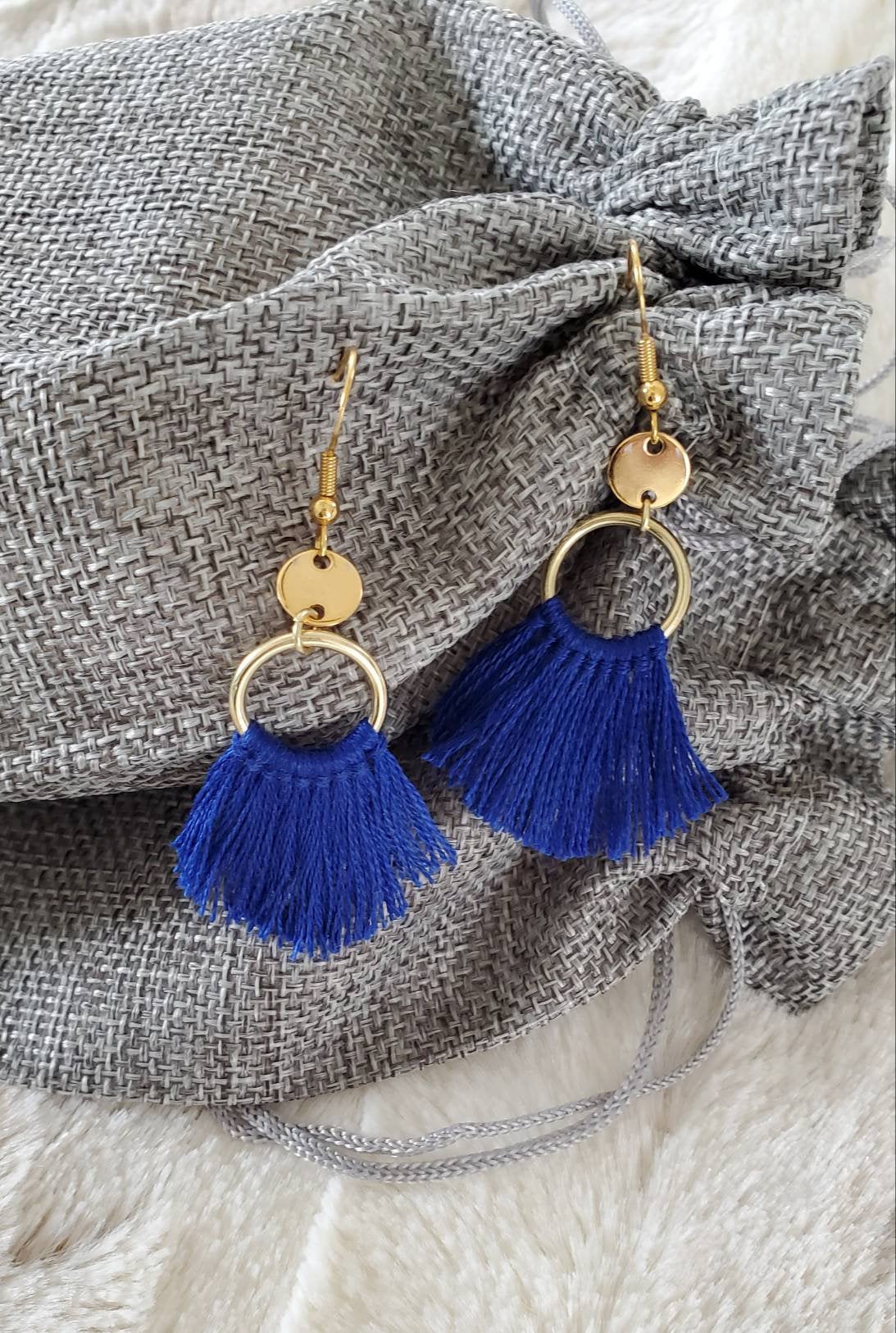 Aretez (blue Or Gray) Mini Ring Tassel Earrings | Blue Small Dangle Tassel Earrings | Handmade Tassel Fringe Hoop Earrings