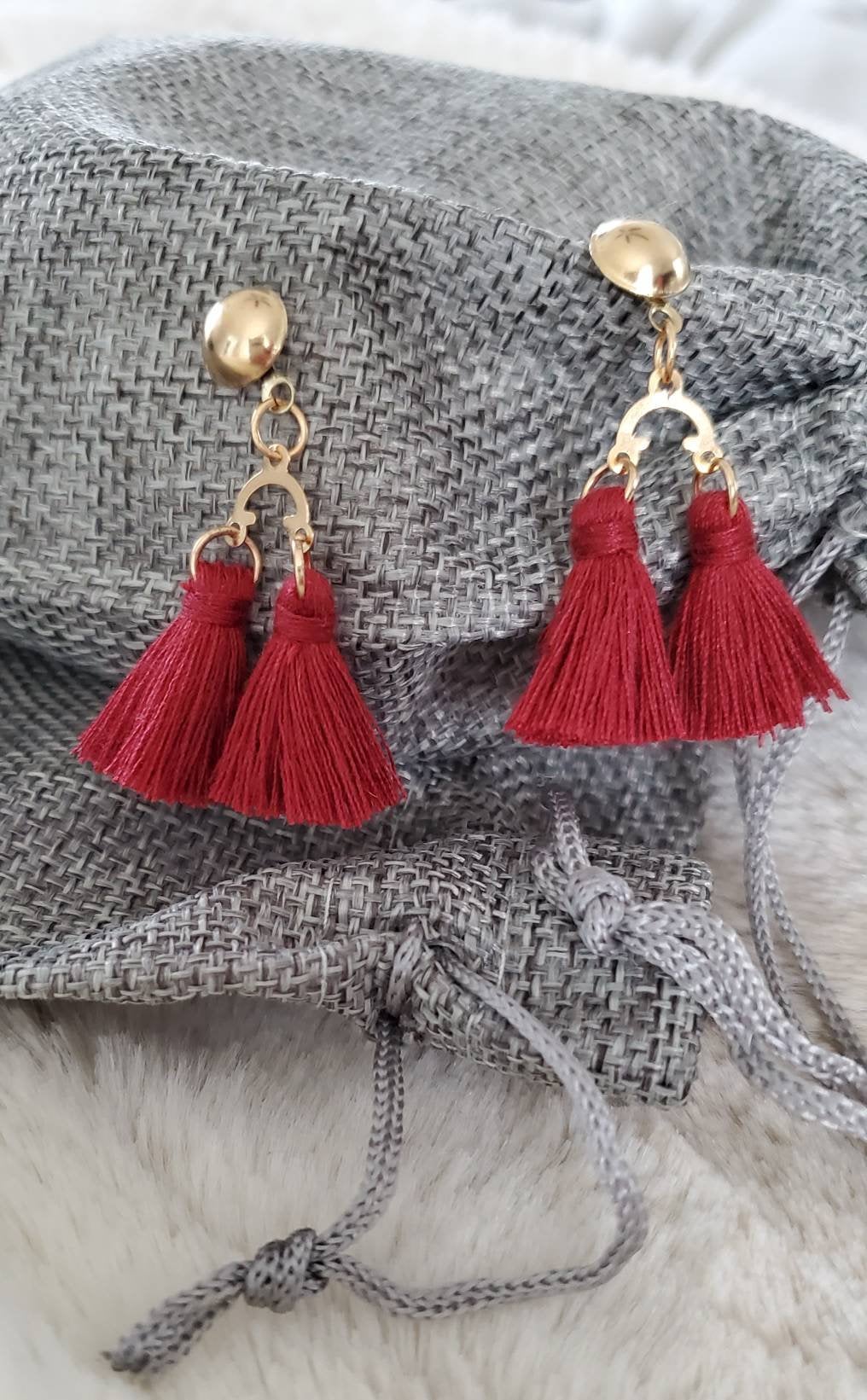 Aretez Dark Red Mini Two Link Post Earrings | Simple Handmade Fringe Tassel Earrings | Red Dangle Tassel Earrings