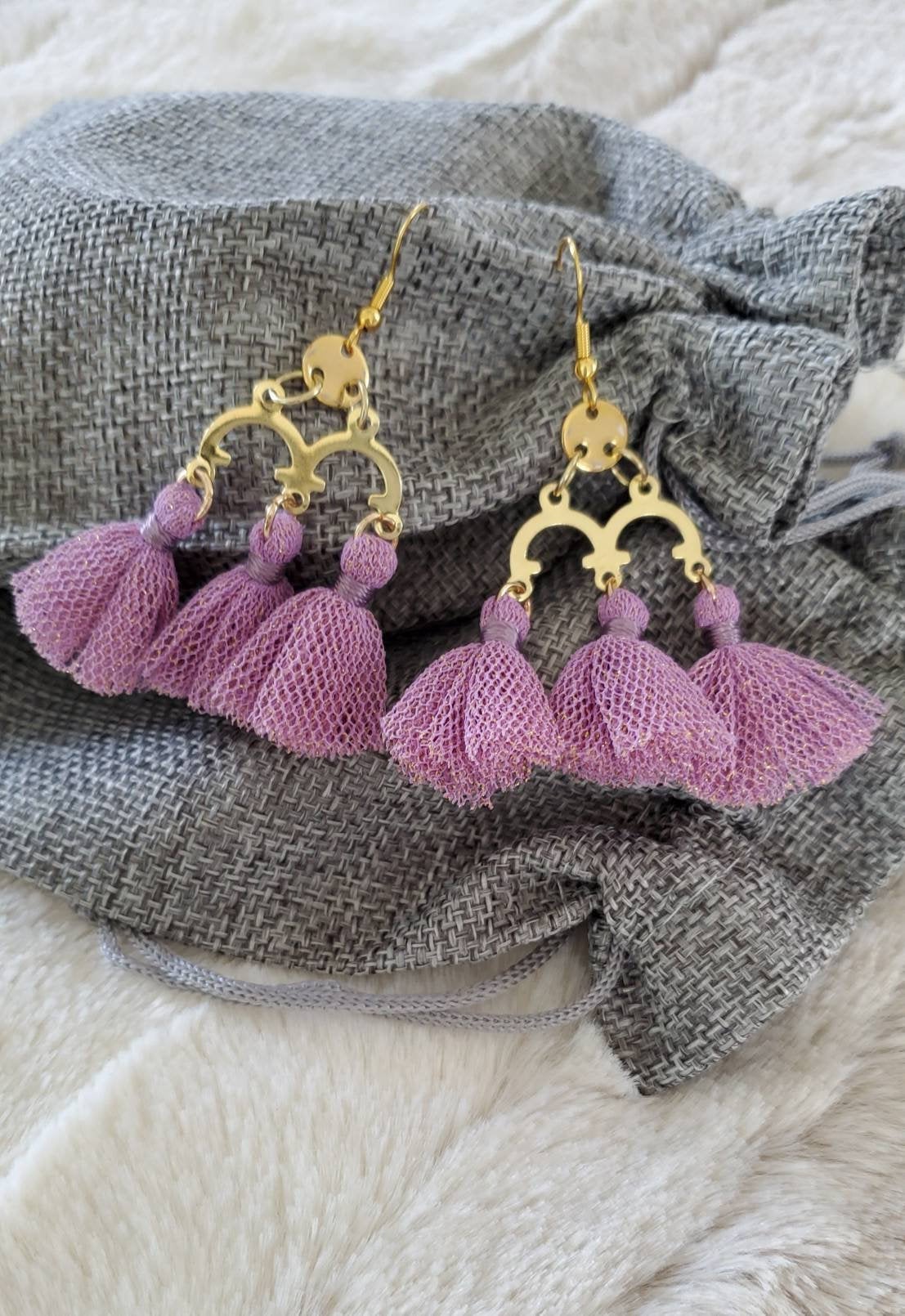 Aretez (purple Or Mauve) U-shape Three Link Tassel Earrings | Simple Small Dangle Tassel Earrings