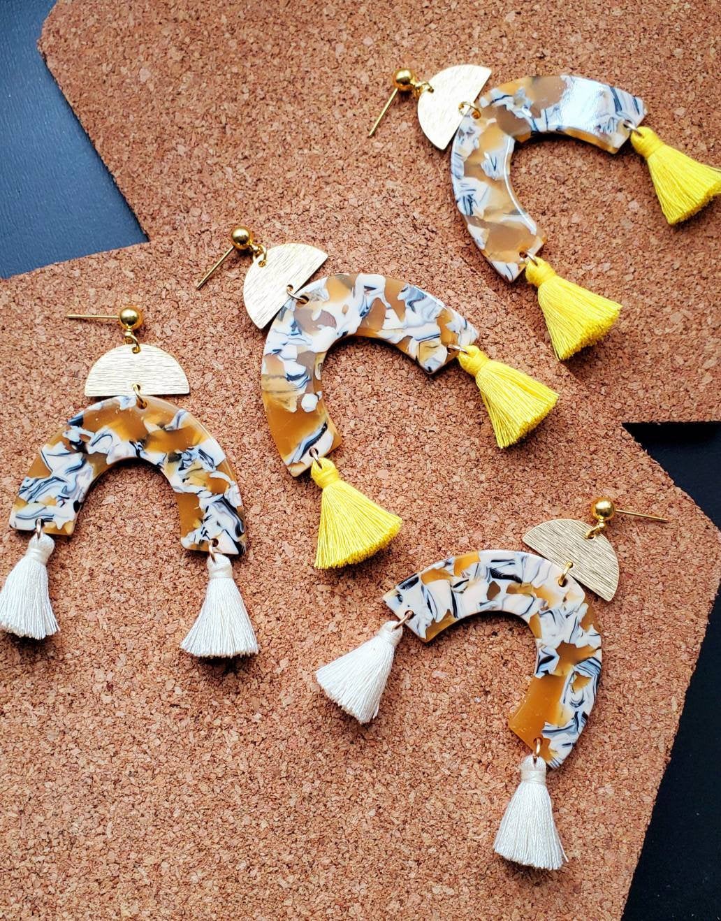 Aretez Yellow And White Acrylic Tassel Earrings | Handmade Polymer Clay Mini Fringe Tassel Dangle Earrings