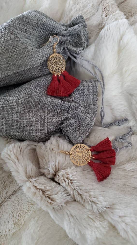 Aretez Mini Filigree Dark Red Gold Bohemian Hook Earrings | Simple Red Handmade Fringe Dangle Tassel Earrings