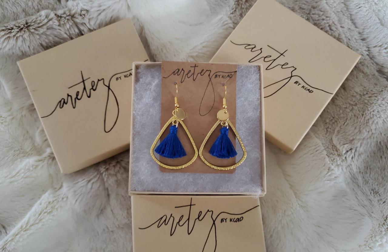 Aretez Medium Teardrop Hoop Drop Earrings | Blue Mini Fringe Tassel Earrings | Simple Dangle Tassel Earrings
