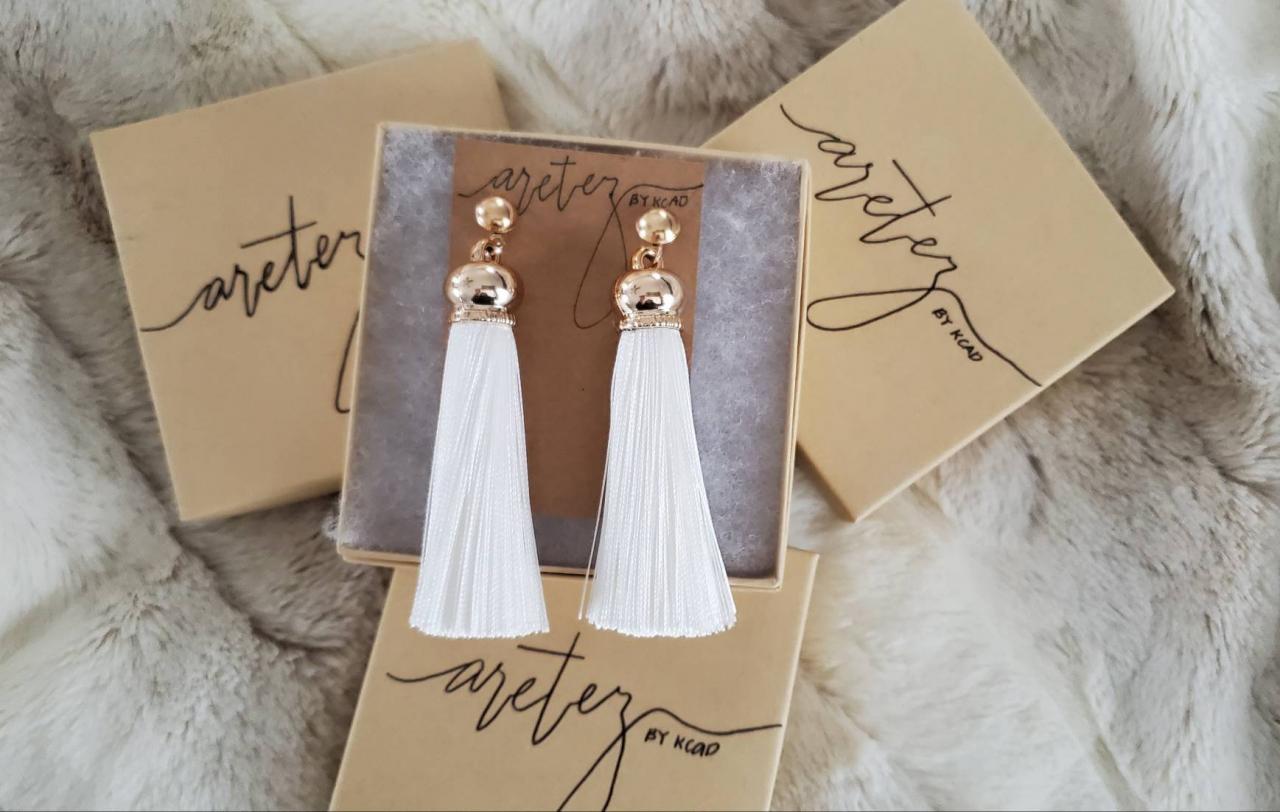 Aretez Luna Golden Cap White Tassel Earrings | White Long Tassel Earrings | Simple Minimalist Fringe Tassel Earrings | White Dangle Tassel