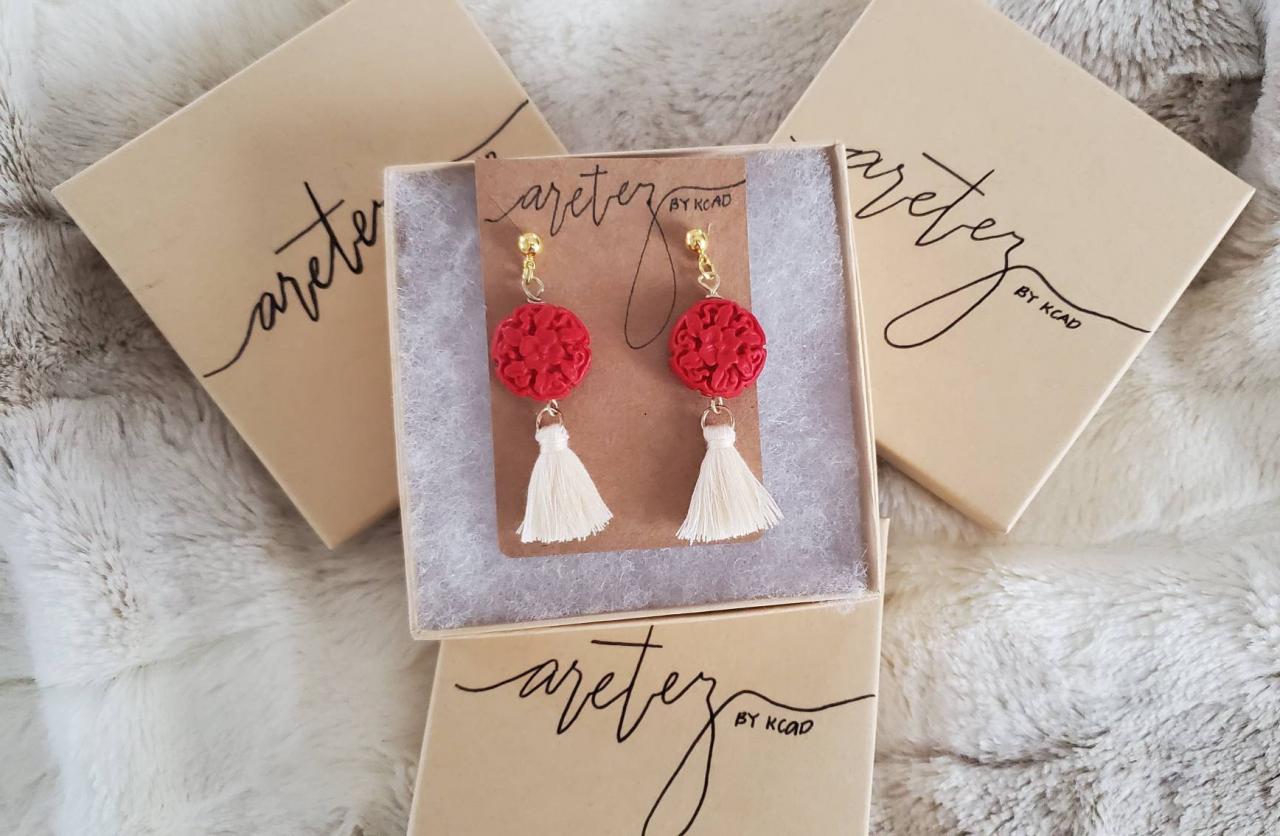 Aretez Luna Red Cinnabar Carved Tassel Earrings | Red And White Small Dangle Tassel Earrings | Simple Handmade Tassel Earrings