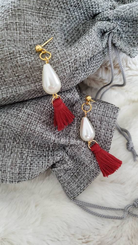 Aretez Luna Teardrop Pearl Dark Red Earrings | Red Fringe Tassel And White Pearl Dangle Earrings | Small Handmade Tassel Earrings
