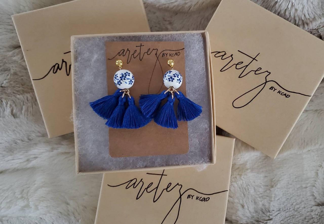 Aretez Luna Ceramic Blue Flower Earrings | Blue Small Fringe Tassel Earrings | Simple Dangle Tassel Earrings