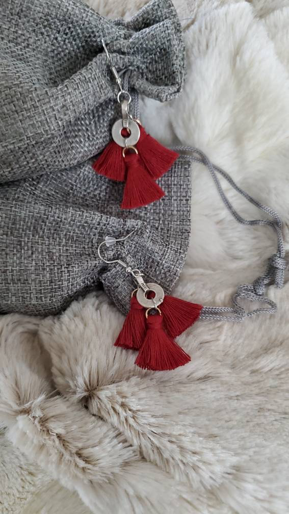 Aretez Luna Kua Dark Red Hook Earrings | Red Small Tassel Earrings | Simple Red Dangle Tassel Earrings | Fringe Tassel Earrings