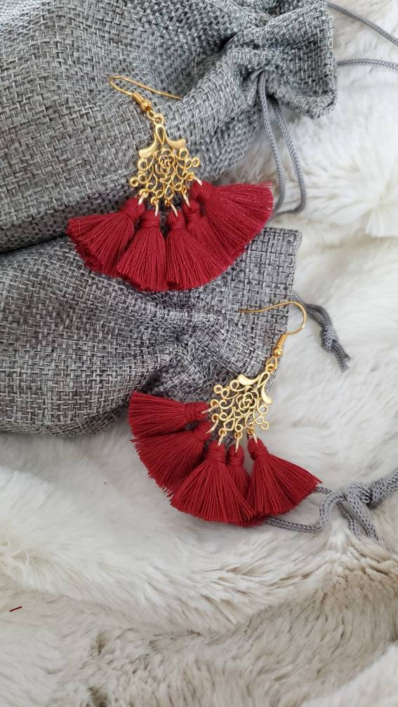 Aretez Luna Filigree Dark Red Drop Earrings | Simple Handmade Small Red Fringe Tassel Earrings