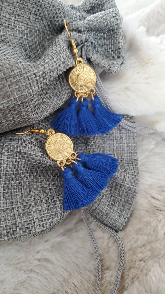 Aretez Sulogdatu Tribal Charm Royal Blue Tassel Earrings | Blue Bohemian Small Dangle Tassel Earrings | Handmade Tassel Earrings