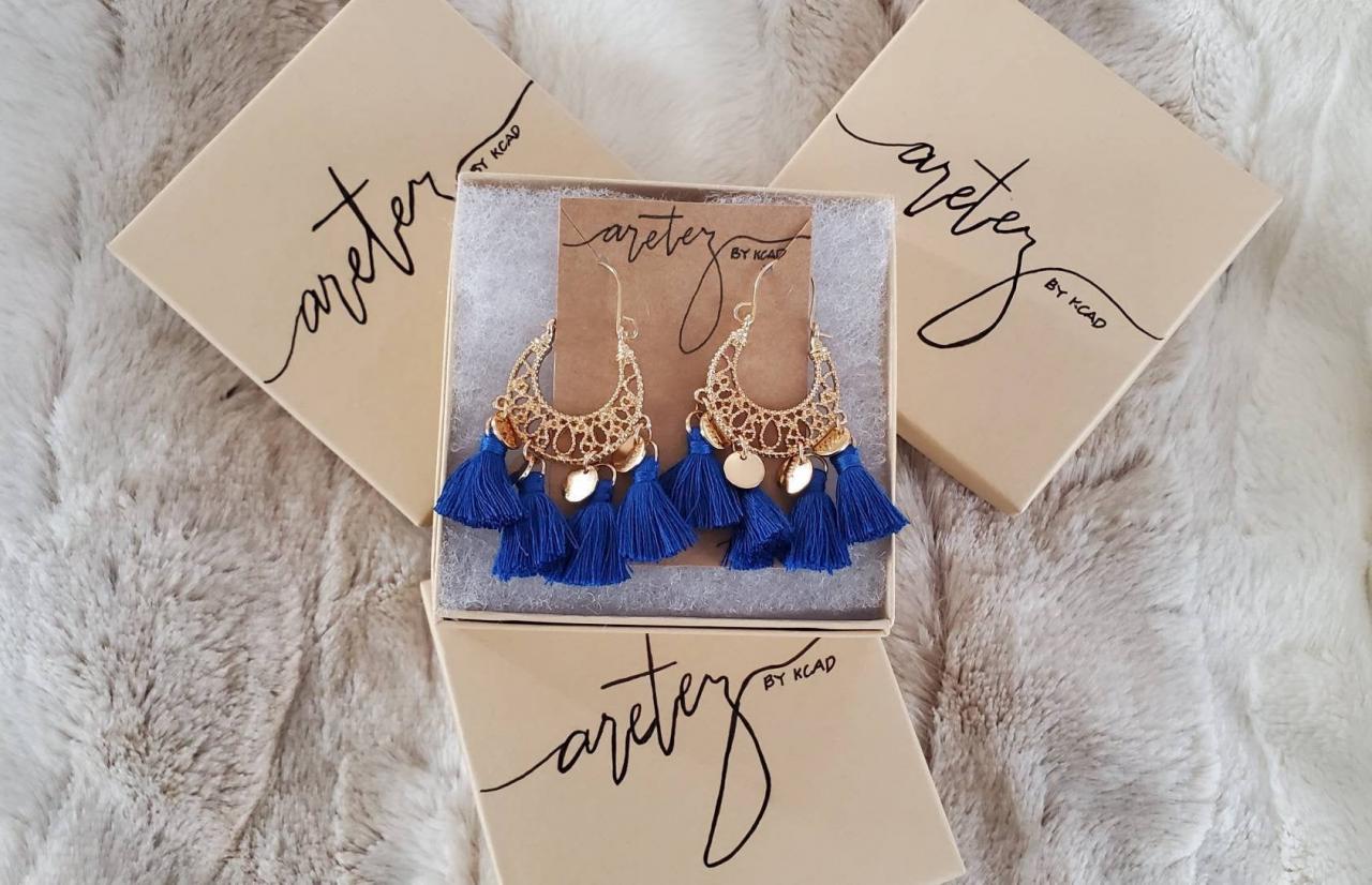 Aretez Sulogdatu Mini Disc Royal Blue Earrings | Gold And Blue Mini Dangle Tassel Earrings | Boho Short Tassel Earrings | Small Fringe Earrings