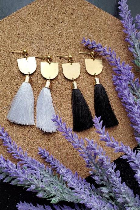 Aretez D-Shaped Charm Tassel Earrings | Long Tassel Dangle Earrings | Handmade Fringe Tassel Earrings