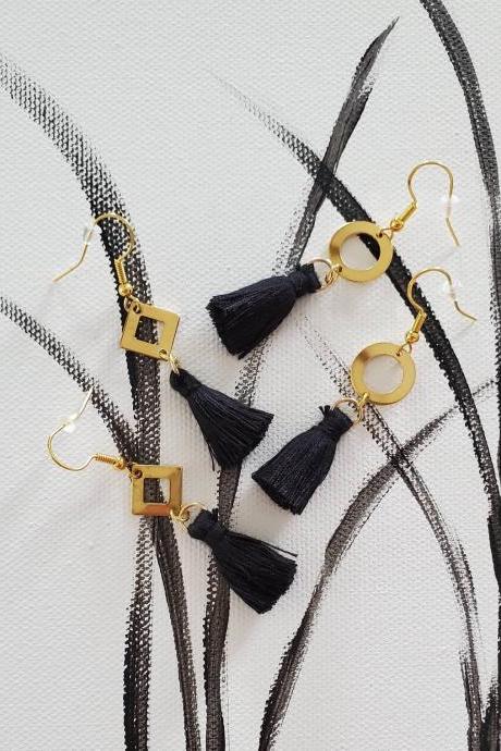 Aretez (Round or Diamond) Hollow Charm Black Drop Hook Earrings | Black Small Tassel Dangle Earrings | Simple Fringe Tassel Earrings