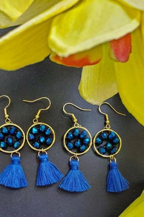 Aretez Blue Lagoon Dangle Tassel Earrings | Blue Small Tassel Earrings | Handmade Fringe Tassel Earrings 