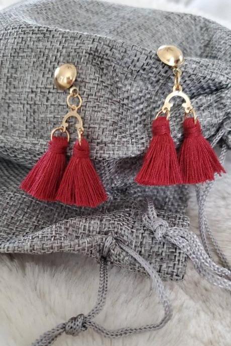 Aretez Dark Red Mini Two Link Post Earrings | Simple Handmade Fringe Tassel Earrings | Red Dangle Tassel Earrings