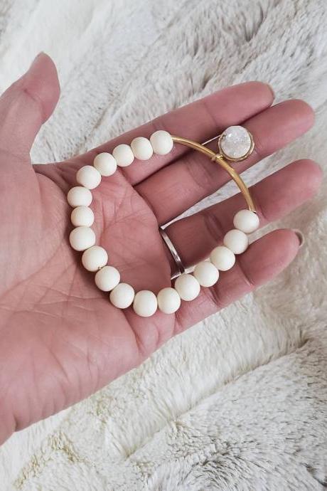 Aretez White Wood Curved Tube with Druzy Charm (genuine stone) Bracelet (8mm beads)