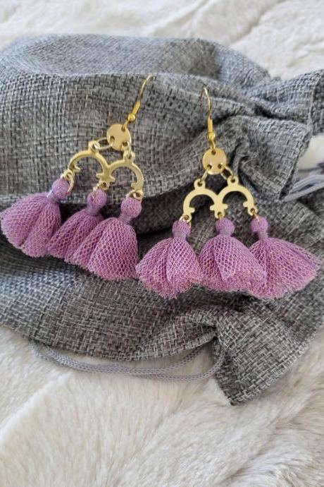 Aretez (Purple or Mauve) U-Shape Three Link Tassel Earrings | Simple Small Dangle Tassel Earrings