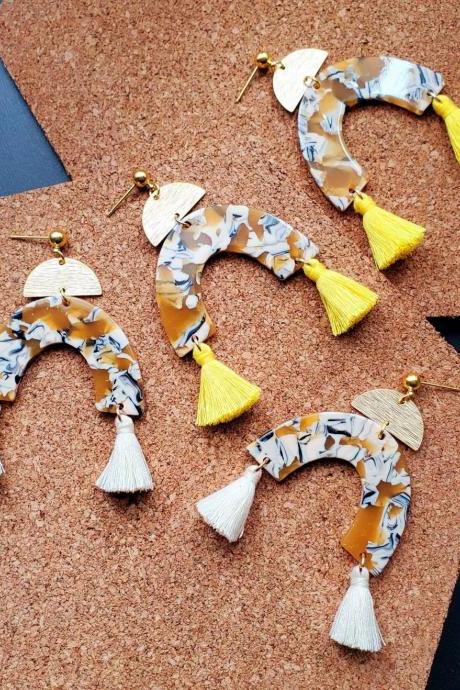 Aretez Yellow and White Acrylic Tassel Earrings | Handmade Polymer Clay Mini Fringe Tassel Dangle Earrings