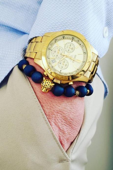 Aretez -For Him- Blue Iris Druzy Agate & Gold Leopard Head Bracelet (10mm)