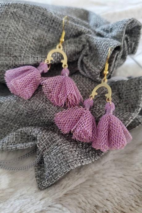 Aretez (Purple or Mauve) U-Shape Two Link Tassel Earrings | Purple Handmade Small Dangle Tassel Earrings