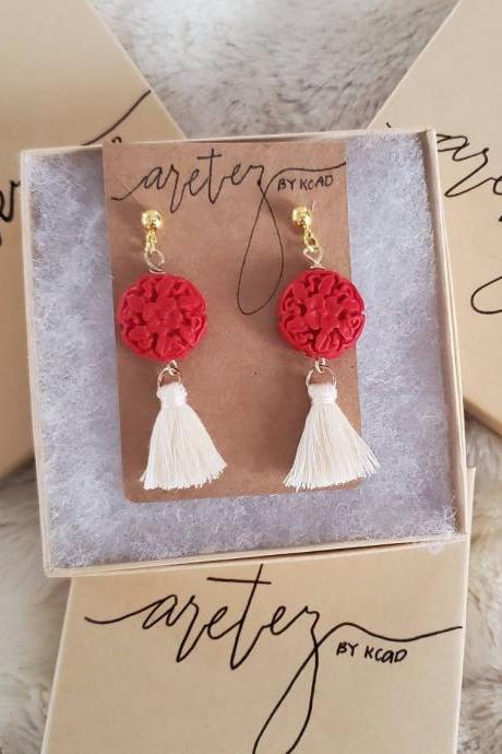 Aretez Luna Red Cinnabar Carved Tassel Earrings | Red And White Small Dangle Tassel Earrings | Simple Handmade Tassel Earrings