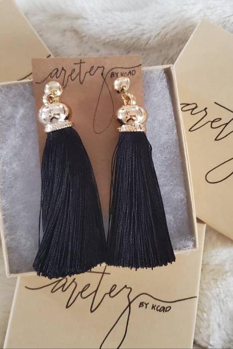 Aretez Luna Golden Cap Black Tassel Earrings | Black Long Tassel Earrings | Black Fringe Tassel Earrings