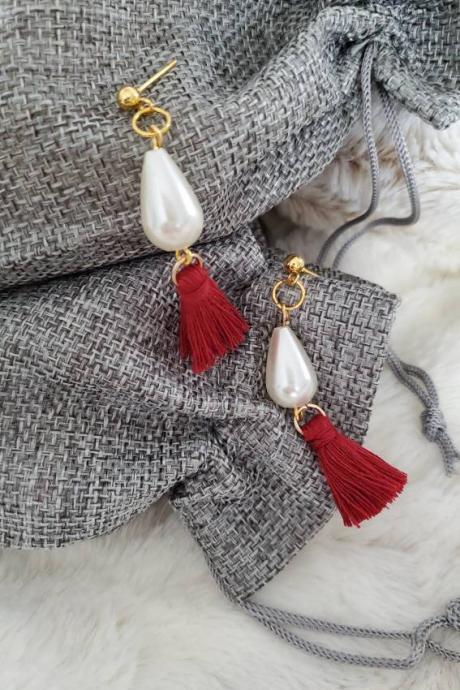 Aretez Luna Teardrop Pearl Dark Red Earrings | Red Fringe Tassel and White Pearl Dangle Earrings | Small Handmade Tassel Earrings