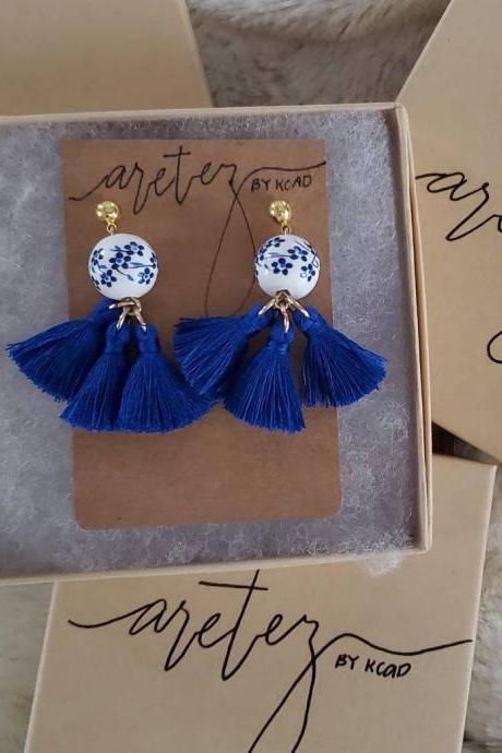 Aretez Luna Ceramic Blue Flower Earrings | Blue Small Fringe Tassel Earrings | Simple Dangle Tassel Earrings 