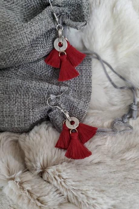 Aretez Luna Kua Dark Red Hook Earrings | Red Small Tassel Earrings | Simple Red Dangle Tassel Earrings | Fringe Tassel Earrings