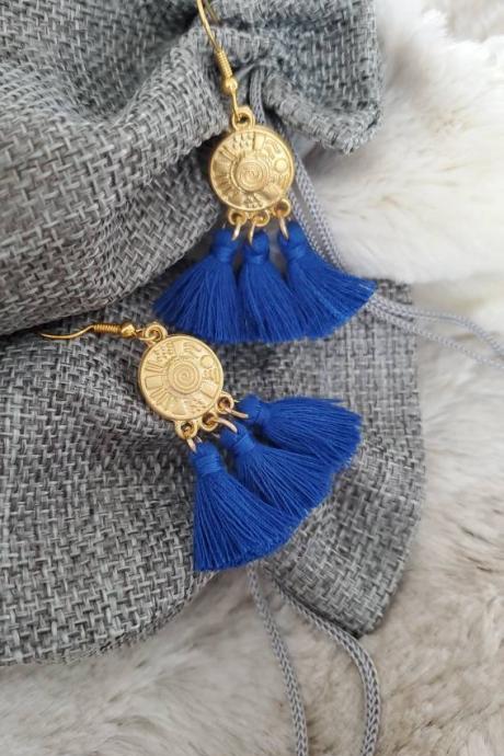 Aretez SulogDatu Tribal Charm Royal Blue Tassel Earrings | Blue Bohemian Small Dangle Tassel Earrings | Handmade Tassel Earrings