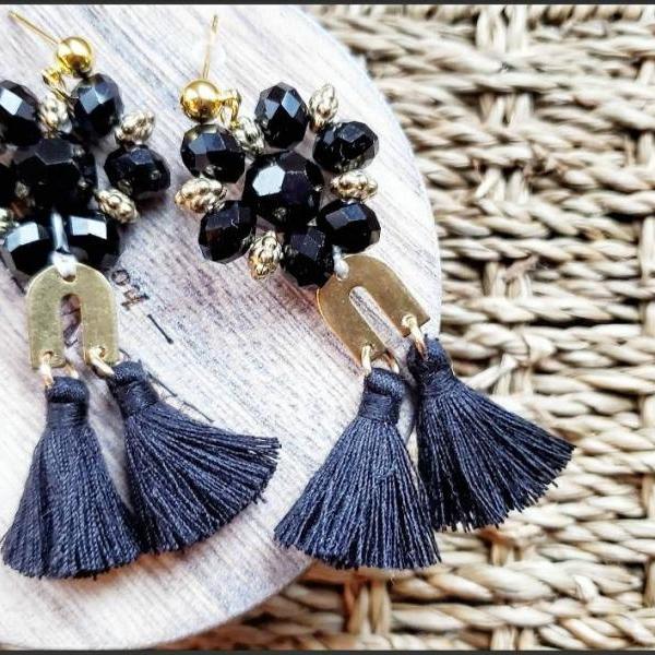 Black dangle tassel earrings best sale